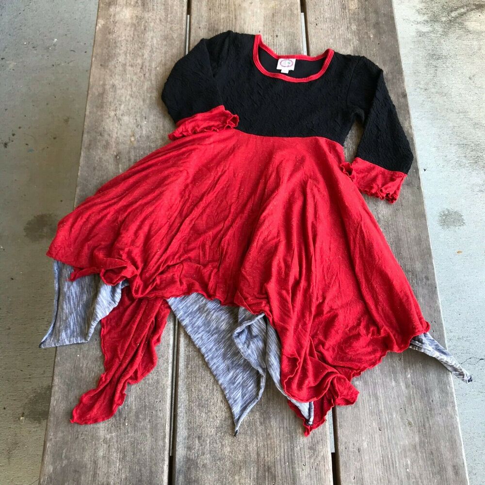 Lilli Lovebird Girls Dress Sz 8 Black Red Gold Gray Twirly Handkerchief Hem Knit - Picture 5 of 6